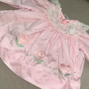 Vintage Pink Lace Collar Baby Dress with Heart Embroidery